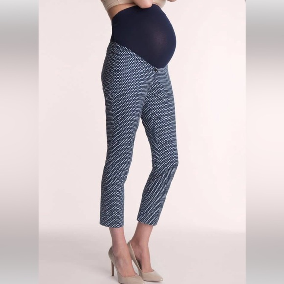 SERAPHINE MATERNITY NAVY OVER BELLY PRINTED POLKA DOT ANKLE PANT SIZE 4 - Picture 2 of 9